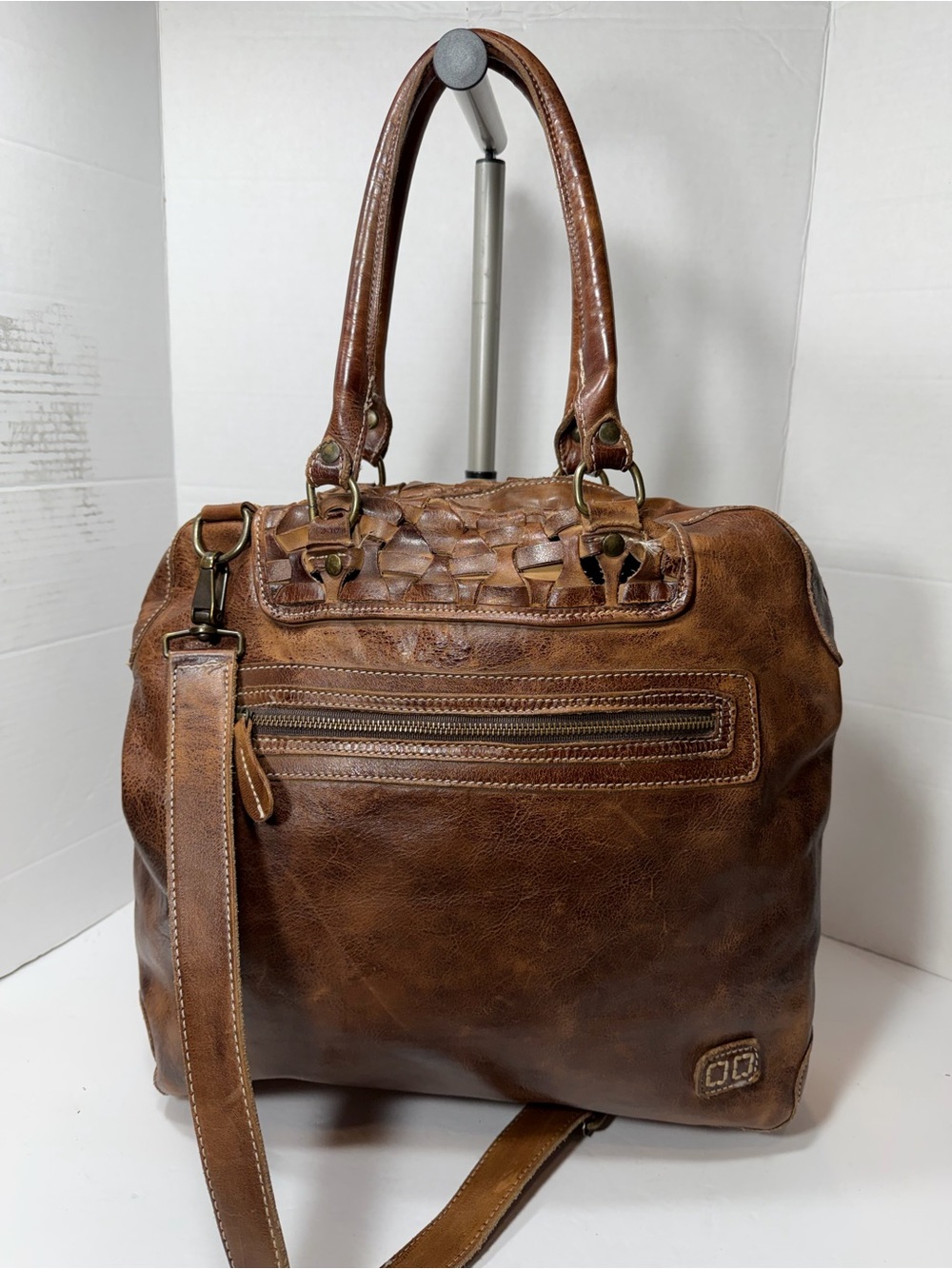 BED|STU Brown Leather  with Woven Detail beautiful shoulder bag with strap